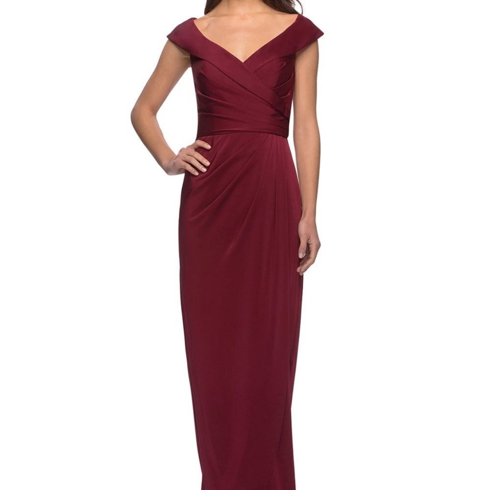 La Femme Burgundy Off-the-Shoulder Ruched Jersey Column Gown